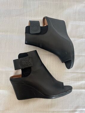 Calvin Klein Black Peep-Toe Wedge Sandals with CK Ankle Strap Size 10